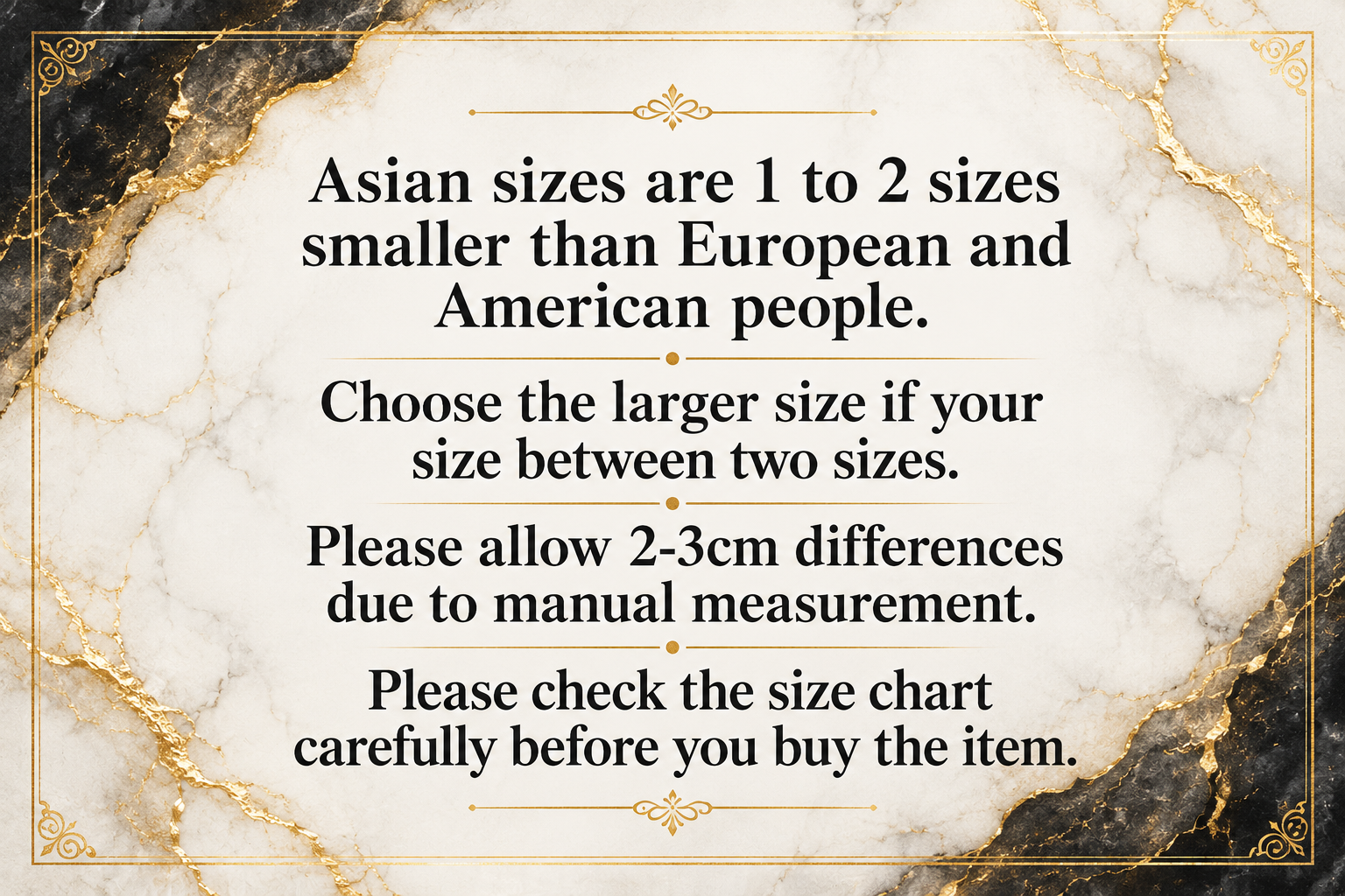 Text on a marble background explaining size differences between Asian, European, and American people.