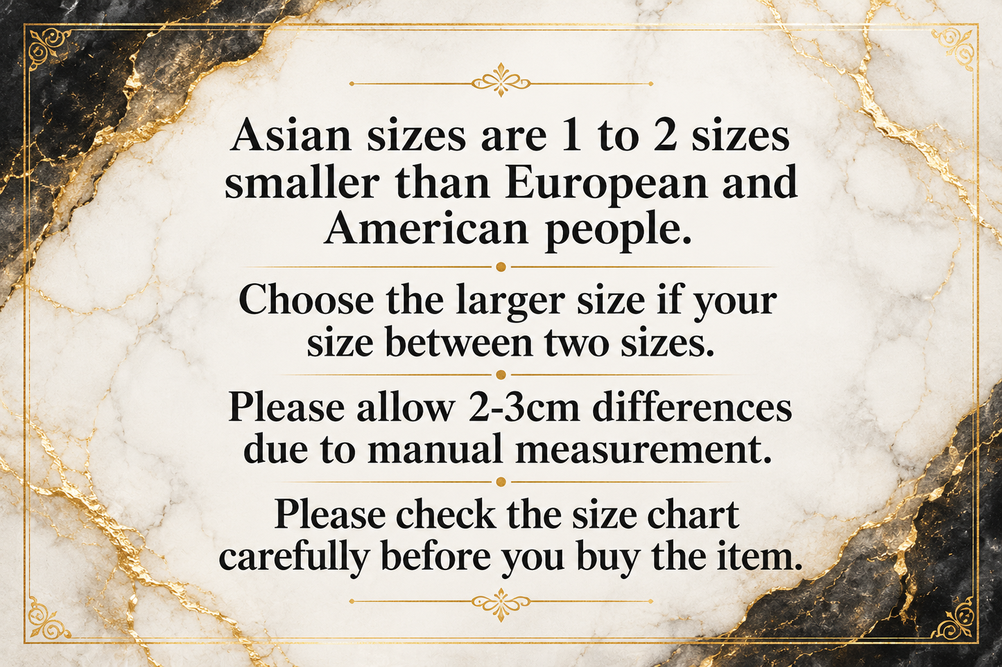 Text on a marble background explaining size differences between Asian, European, and American people.
