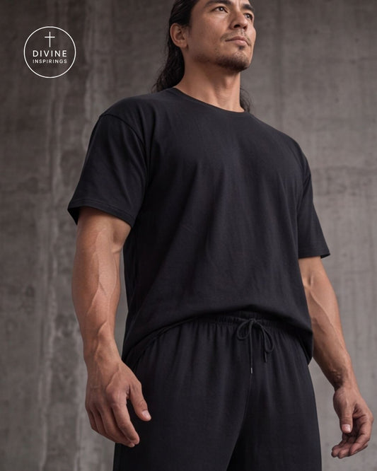 A man wearing a black short-sleeve crewneck t-shirt and matching black drawstring pants, standing against a textured gray concrete wall. A circular 'DIVINE INSPIRATION' logo is visible in the top-left corner.