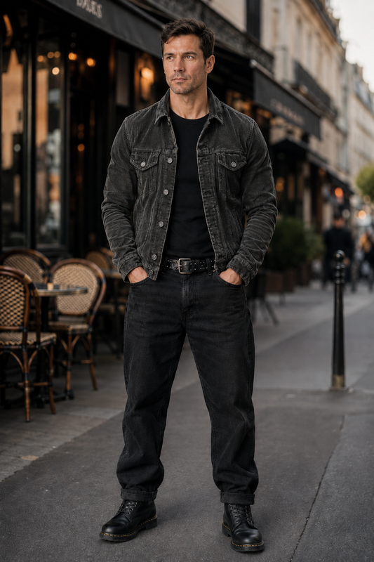 A man stands on a city sidewalk wearing a dark washed denim jacket over a black shirt and black jeans, with his hands in his pockets. The background shows a blurred street scene with cafe chairs and storefronts.