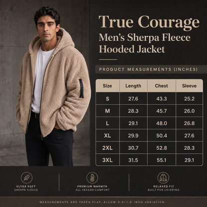 A man wearing a beige sherpa fleece hooded jacket stands against a dark textured wall, with product text and a size measurement table overlaid on the right side of the image.