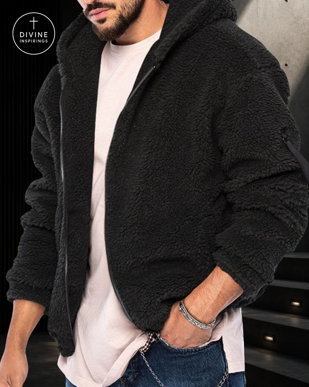 A man wearing a black sherpa fleece zip-up hoodie over a white t-shirt and blue jeans, with a 'DIVINE INSPIRINGS' logo overlay in the top left corner.