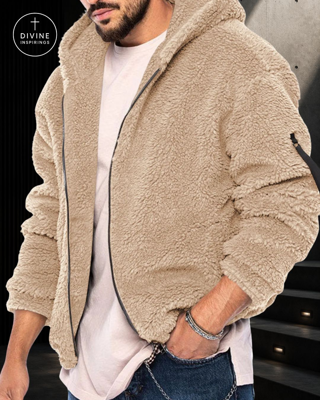 A man wearing a beige sherpa fleece zip-up hoodie jacket over a white t-shirt and blue jeans, with a DIVINE INSPIRINGS brand logo overlay in the top left corner.