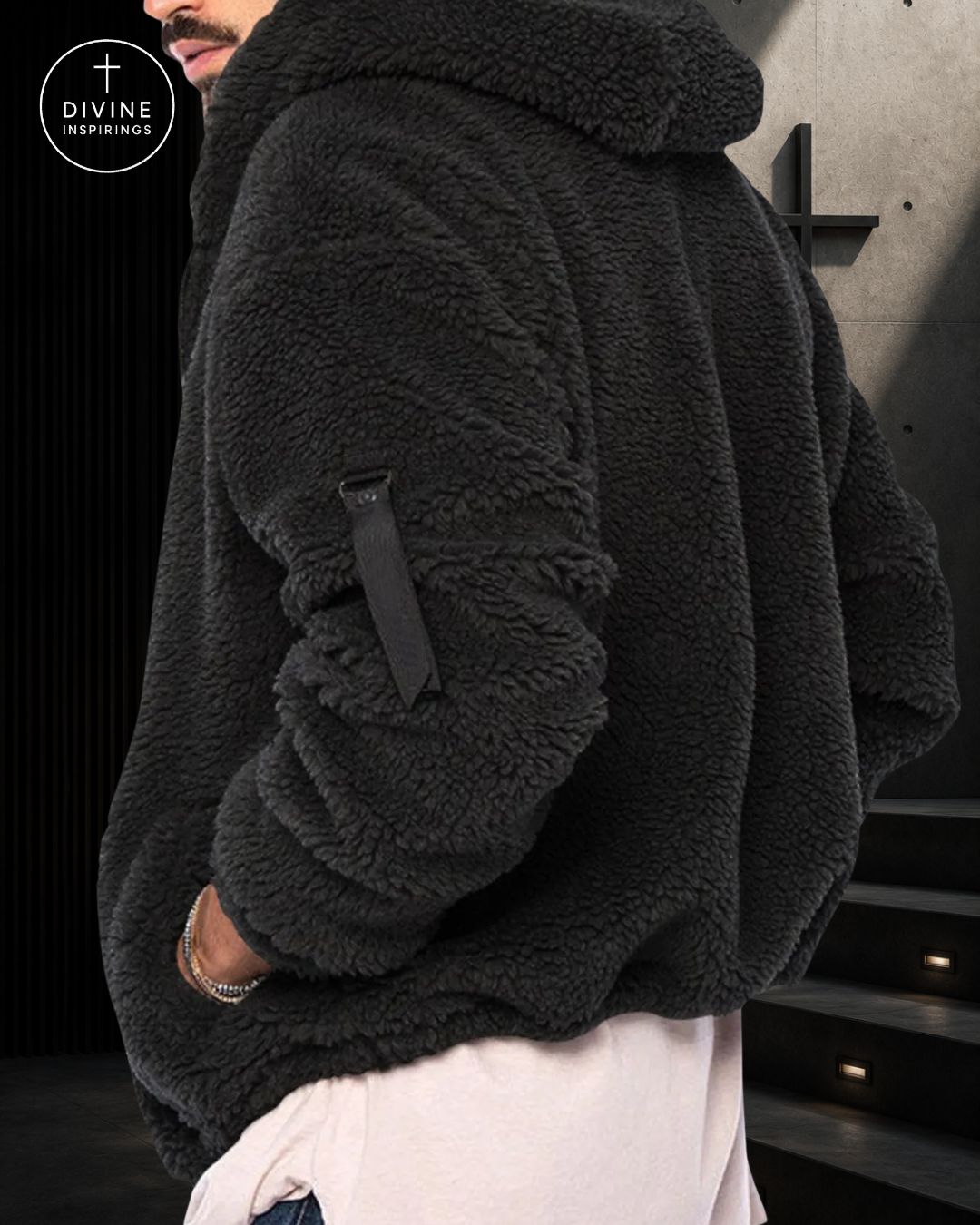 A close-up of a person wearing a dark charcoal gray sherpa fleece hooded jacket with a black strap detail on the sleeve, paired with white pants. The DIVINE INSPIRINGS logo is visible in the top-left corner.