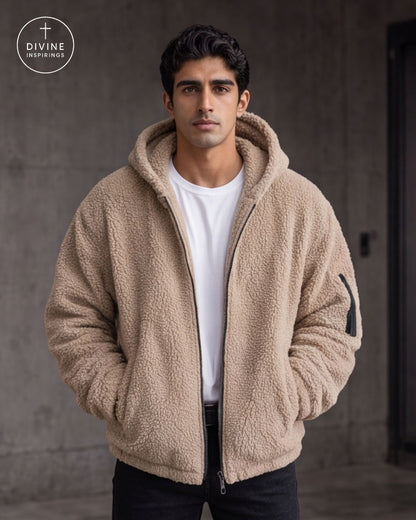 A man wearing a beige sherpa fleece zip-up hoodie jacket over a white t-shirt and black pants, standing against a dark concrete wall. The DIVINE INSPIRINGS logo is visible in the top left corner.