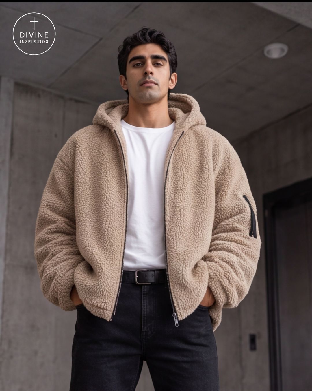 A man wearing a beige sherpa fleece zip-up hoodie jacket over a white t-shirt and black jeans, standing in a concrete hallway. The DIVINE INSPIRINGS logo is visible in the top left corner.