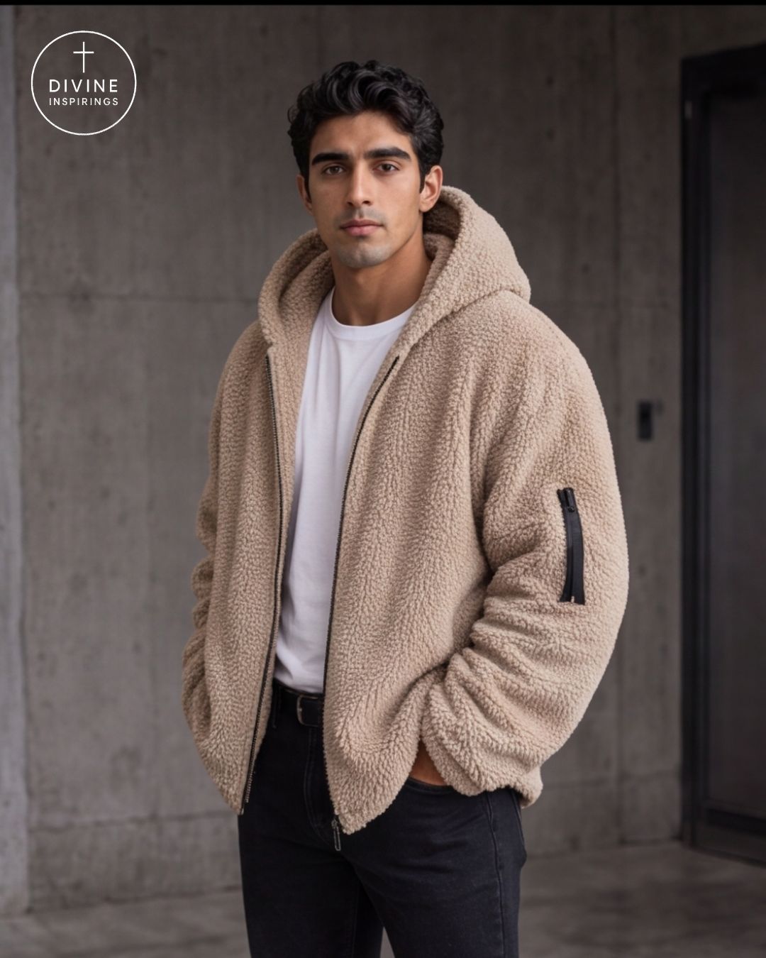 A man wearing a beige sherpa fleece zip-up hoodie jacket over a white t-shirt and black pants, standing against a concrete wall. The DIVINE INSPIRINGS logo is visible in the top left corner.