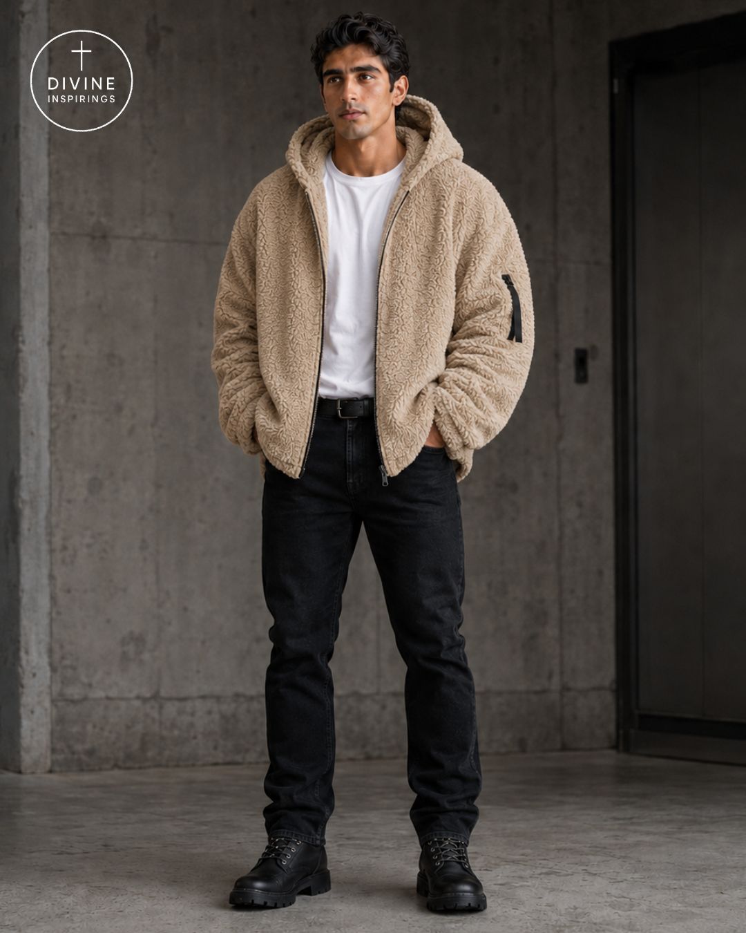 A man wearing a beige sherpa fleece zip-up hoodie jacket over a white t-shirt, black jeans, and black boots, standing in a concrete-walled indoor setting. The DIVINE INSPIRINGS logo is visible in the top-left corner.