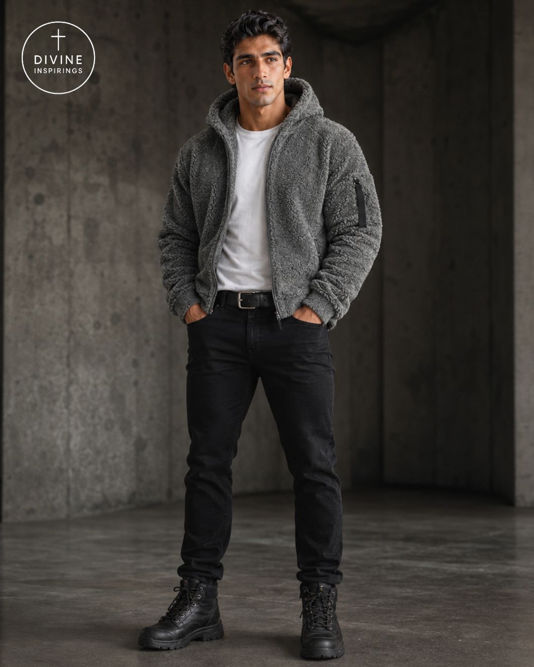 A man wearing a gray fuzzy zip-up hoodie over a white t-shirt, black jeans, and black boots, standing in a dark concrete room. A circular 'DIVINE INSPIRINGS' logo is in the top-left corner.