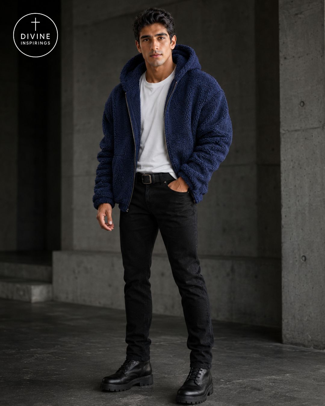 A man wearing a navy blue sherpa fleece zip-up hoodie over a white t-shirt, black jeans, and black boots, standing in a concrete corridor. The DIVINE INSPIRINGS logo is visible in the top-left corner.