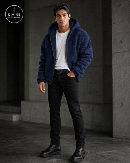 A man wearing a navy blue sherpa fleece zip-up hoodie over a white t-shirt, black jeans, and black boots, standing in a concrete corridor. The DIVINE INSPIRINGS logo is visible in the top-left corner.