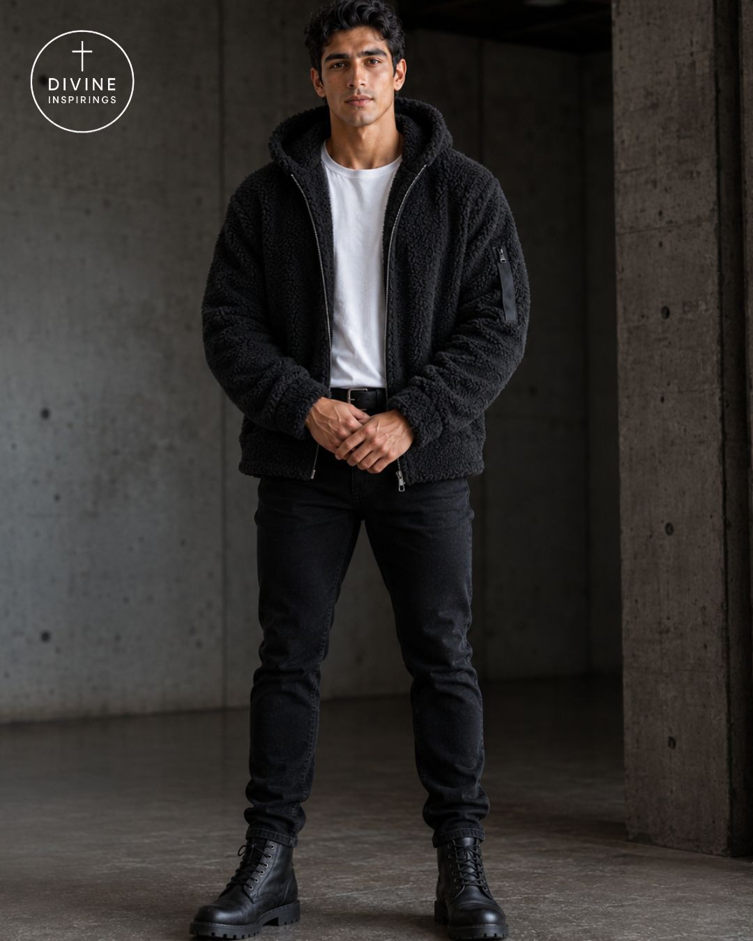 A man wearing a dark gray sherpa fleece zip-up hoodie over a white t-shirt, black jeans, and black boots, standing in a concrete industrial setting. The DIVINE INSPIRINGS logo is visible in the top left corner.