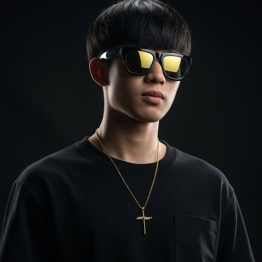 Person wearing reflective sunglasses and a black shirt with a gold necklace on a dark background