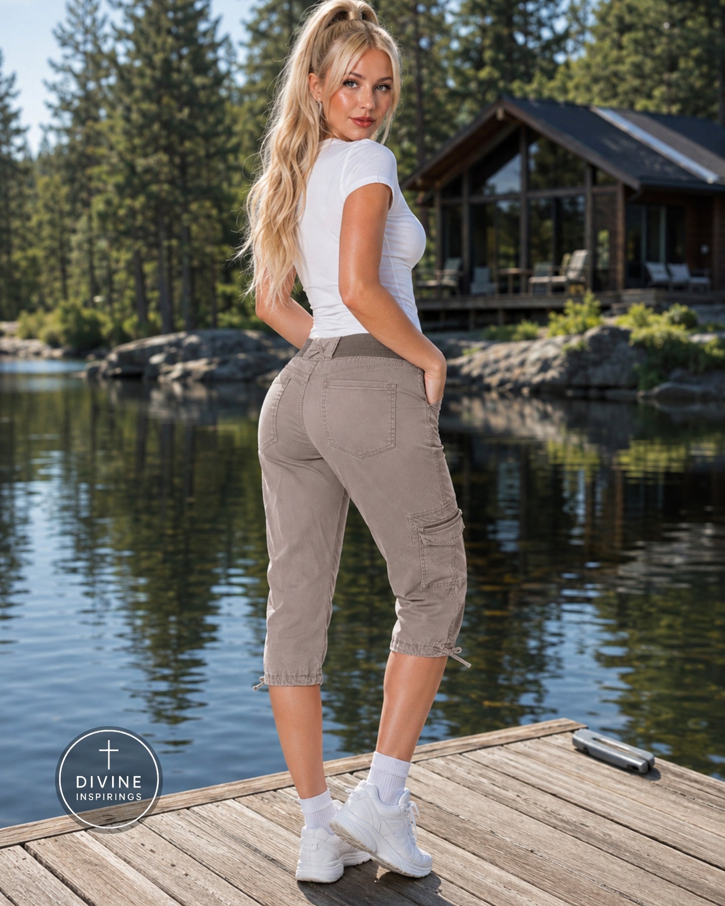 A woman stands on a wooden dock by a lake wearing loose-fit cropped cargo pants in a light taupe/khaki color, paired with a white t-shirt and white sneakers. A cabin and pine trees are visible in the background.