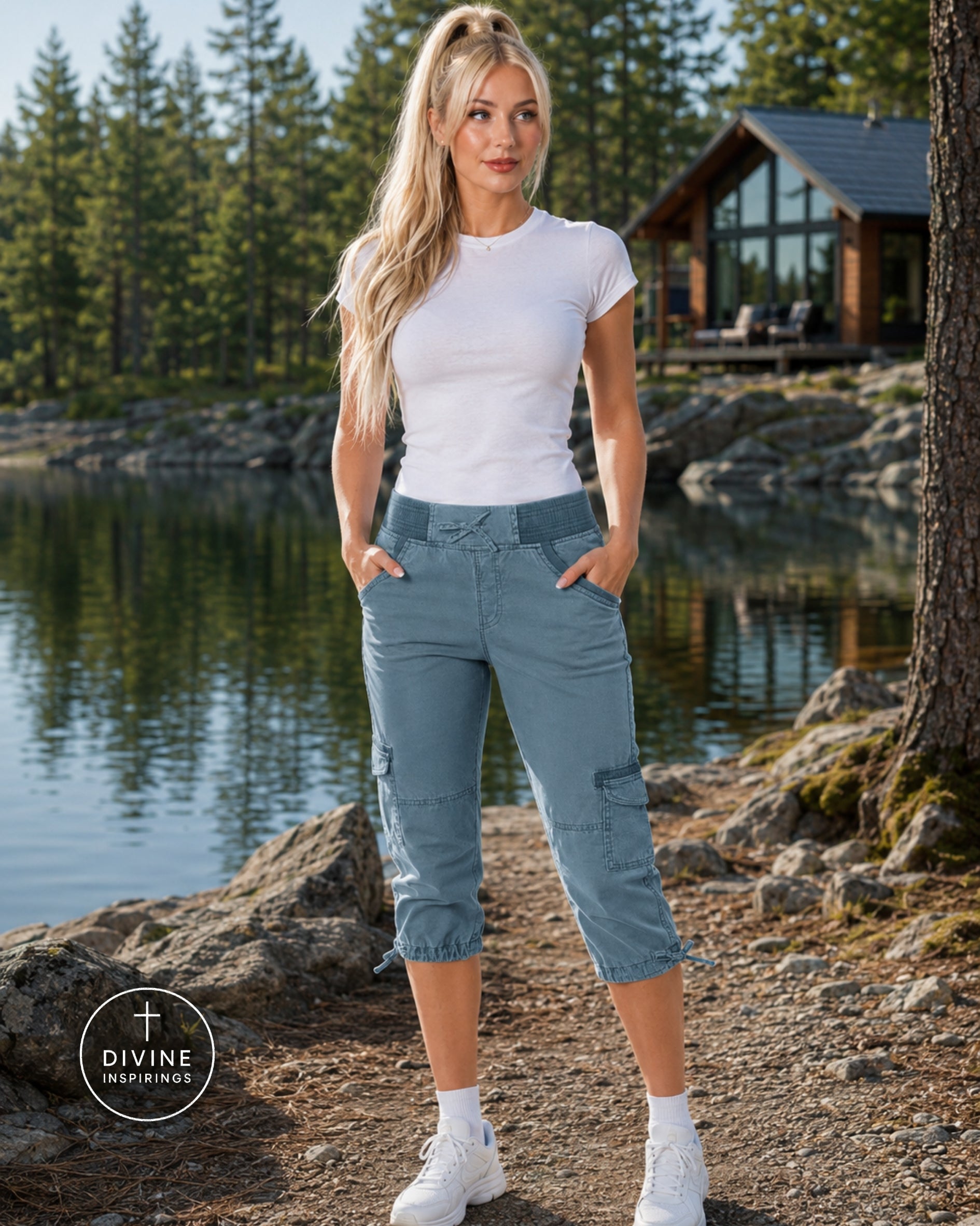 A woman stands outdoors by a lake wearing light blue cropped cargo pants, a white fitted T-shirt, white socks, and white sneakers. Trees, rocks, and a cabin are visible in the background.