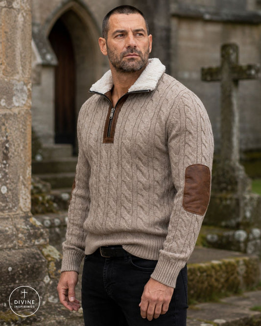 A man wearing a beige cable-knit quarter-zip sweater with a white sherpa collar and brown leather elbow patches, standing outdoors in front of a stone building.