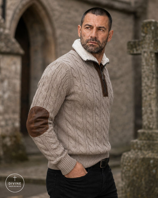 A man wearing a beige cable-knit sweater with brown elbow patches and a white sherpa collar, standing in front of a stone gothic building.