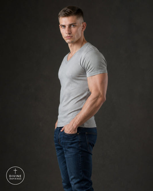 A man wearing a light gray v-neck t-shirt and dark blue jeans, standing against a dark gray studio background. A circular logo for 'Divine Inspired' is visible in the bottom-left corner.