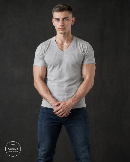 A muscular man wearing a light gray ribbed v-neck t-shirt and dark blue jeans, standing against a dark textured studio background. A circular 'DIVINE INSPIRED' logo watermark is visible in the bottom-left corner.