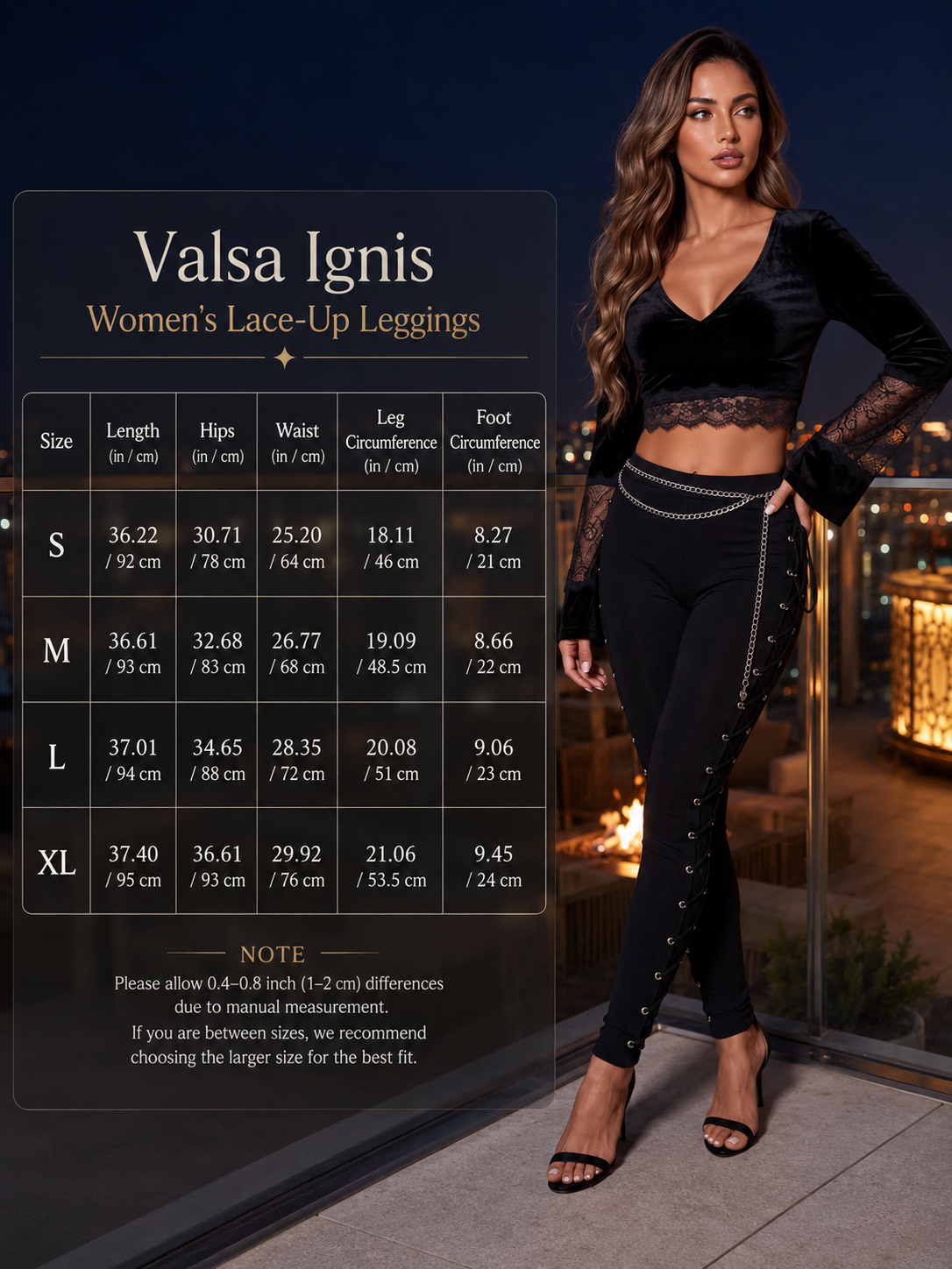 A woman modeling black lace-up leggings with a matching black lace-up crop top in a nighttime outdoor setting, next to a size chart titled 'Valsa Ignis Women's Lace-Up Leggings' showing measurements for sizes S through XL.