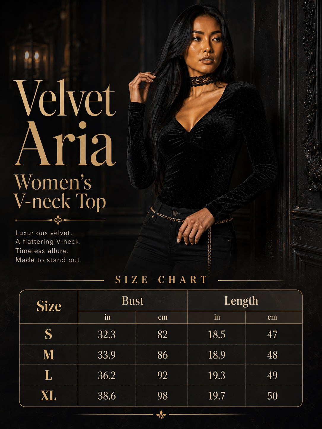 Promotional graphic for the Velvet Aria women's V-neck top, featuring a model wearing the black velvet top against a dark background, alongside product text and a size chart table.