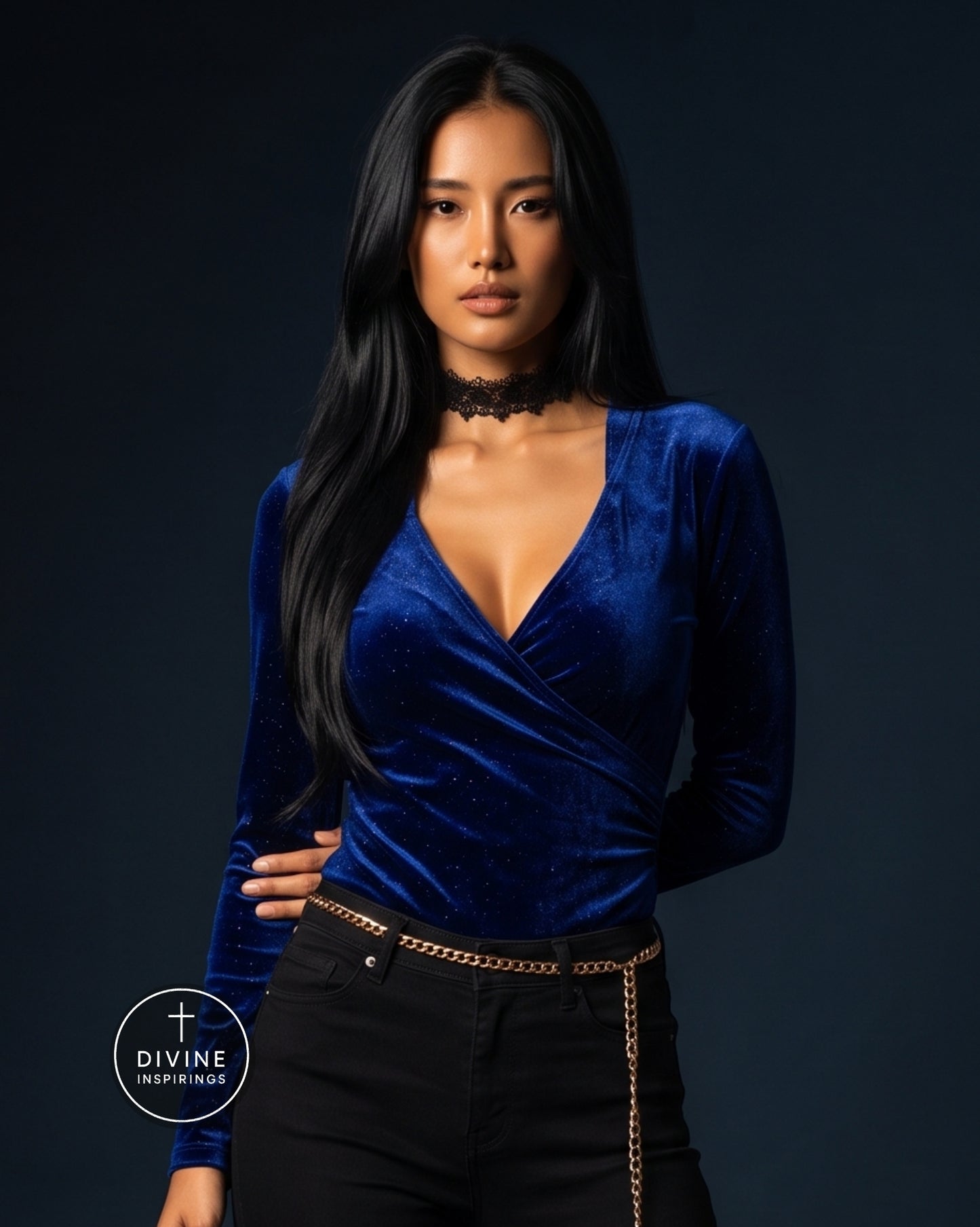 A woman modeling a royal blue velvet long-sleeve wrap top with a deep V-neck, paired with black pants and a black lace choker, against a dark studio background. A Divine Inspirings logo is visible in the bottom-left corner.