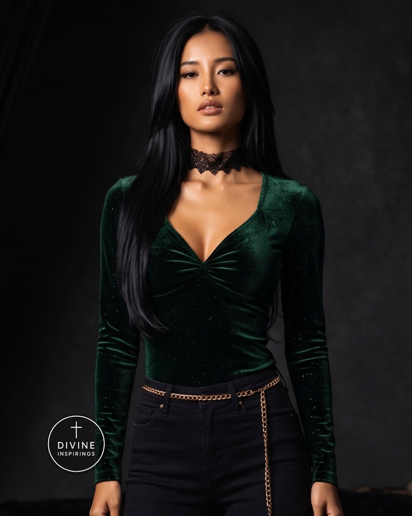 A woman modeling a dark green velvet long-sleeve top with a deep V-neck and gathered front, paired with black pants and a black lace choker, against a dark studio background. A Divine Inspirings logo is visible in the lower left corner.