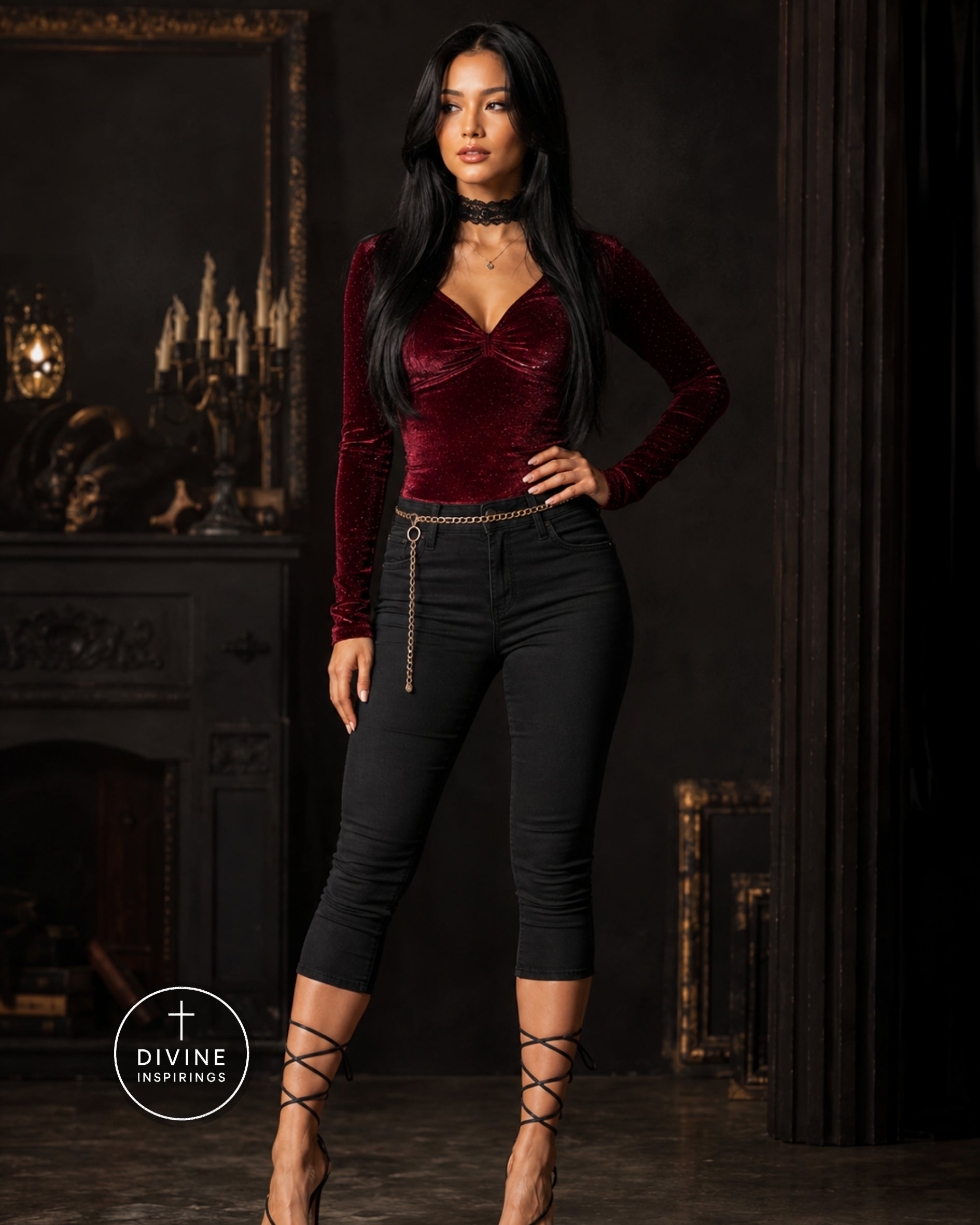 A woman models a gothic-style burgundy velvet long-sleeve top with a ruched sweetheart neckline and black skinny capri pants featuring a gold chain detail at the waist, set against a dark, ornate interior background.