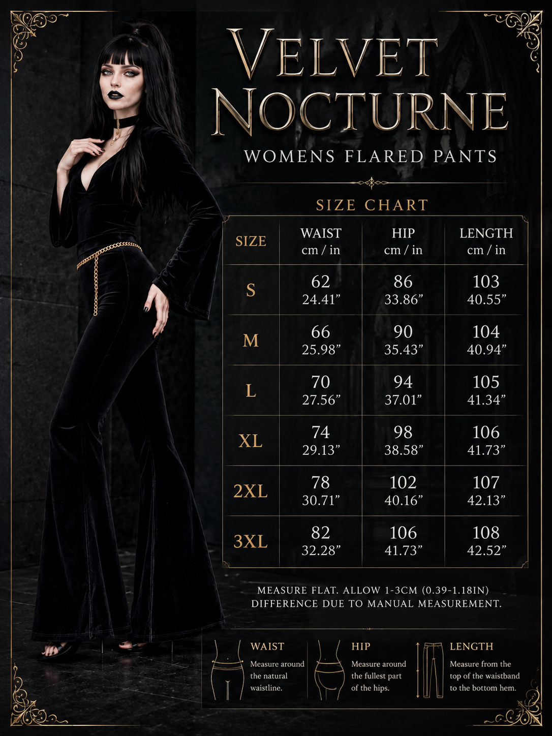 Size chart graphic for Velvet Nocturne women's flared pants, featuring a model wearing the black velvet pants on the left and a central sizing table with waist, hip, and length measurements for sizes S through 3XL.
