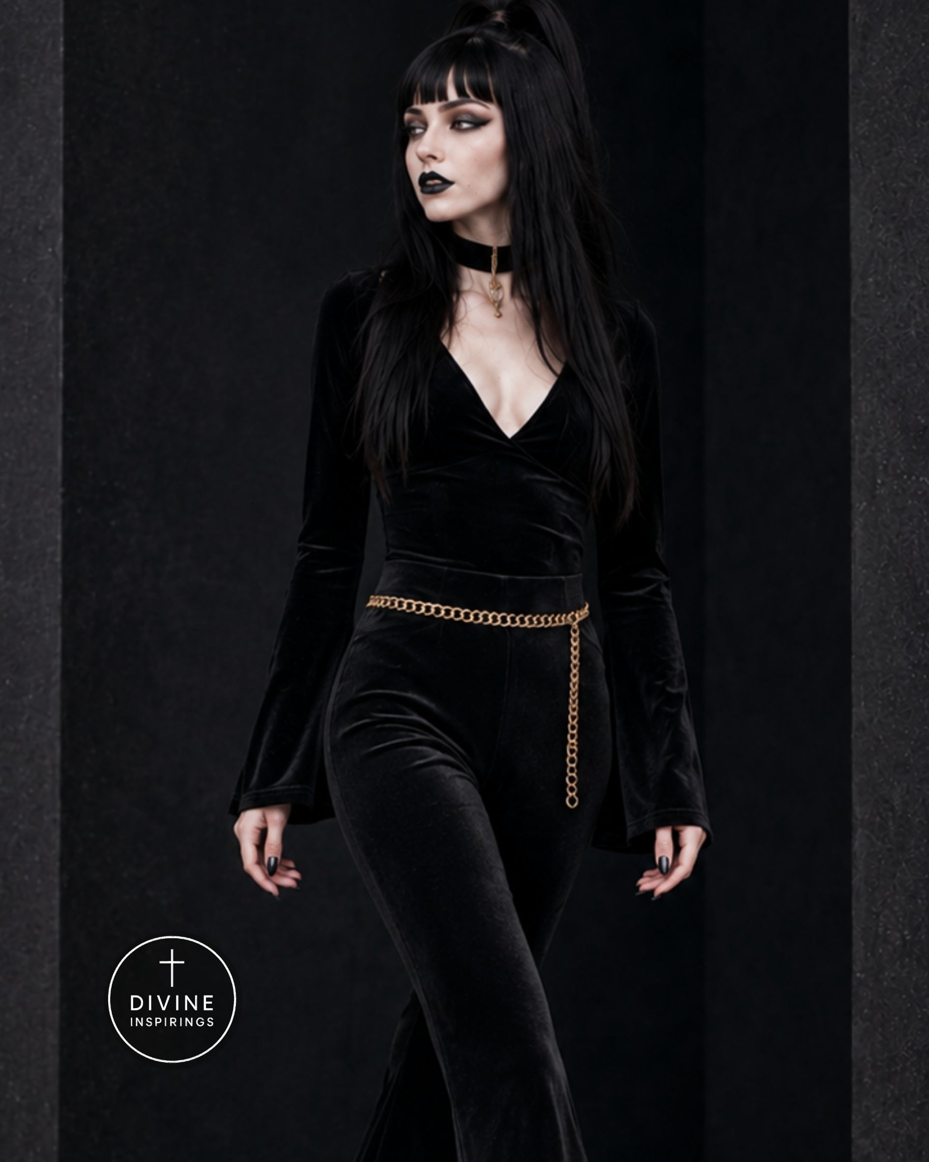 A gothic-style model with long black hair and black eye makeup wears a black velvet long-sleeve jumpsuit with a gold chain belt. She is posed against a dark textured studio background with a 'DIVINE INSPIRINGS' logo in the bottom-left corner.