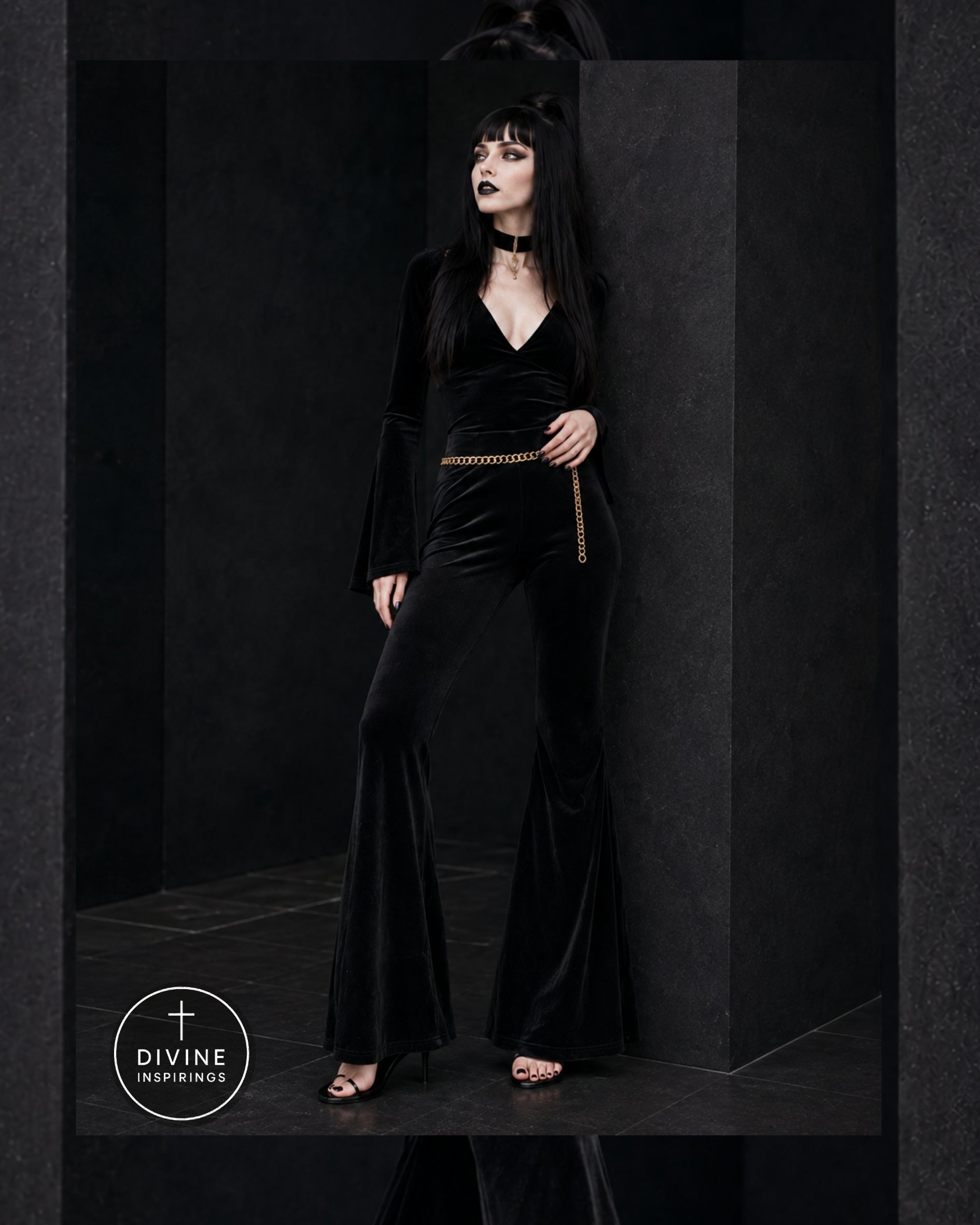 A gothic-style model with long black hair and pale makeup wears a black velvet top and pants with a thin gold chain belt. She is posed in a dark, minimalist studio setting with a 'DIVINE INSPIRINGS' logo in the bottom-left corner.
