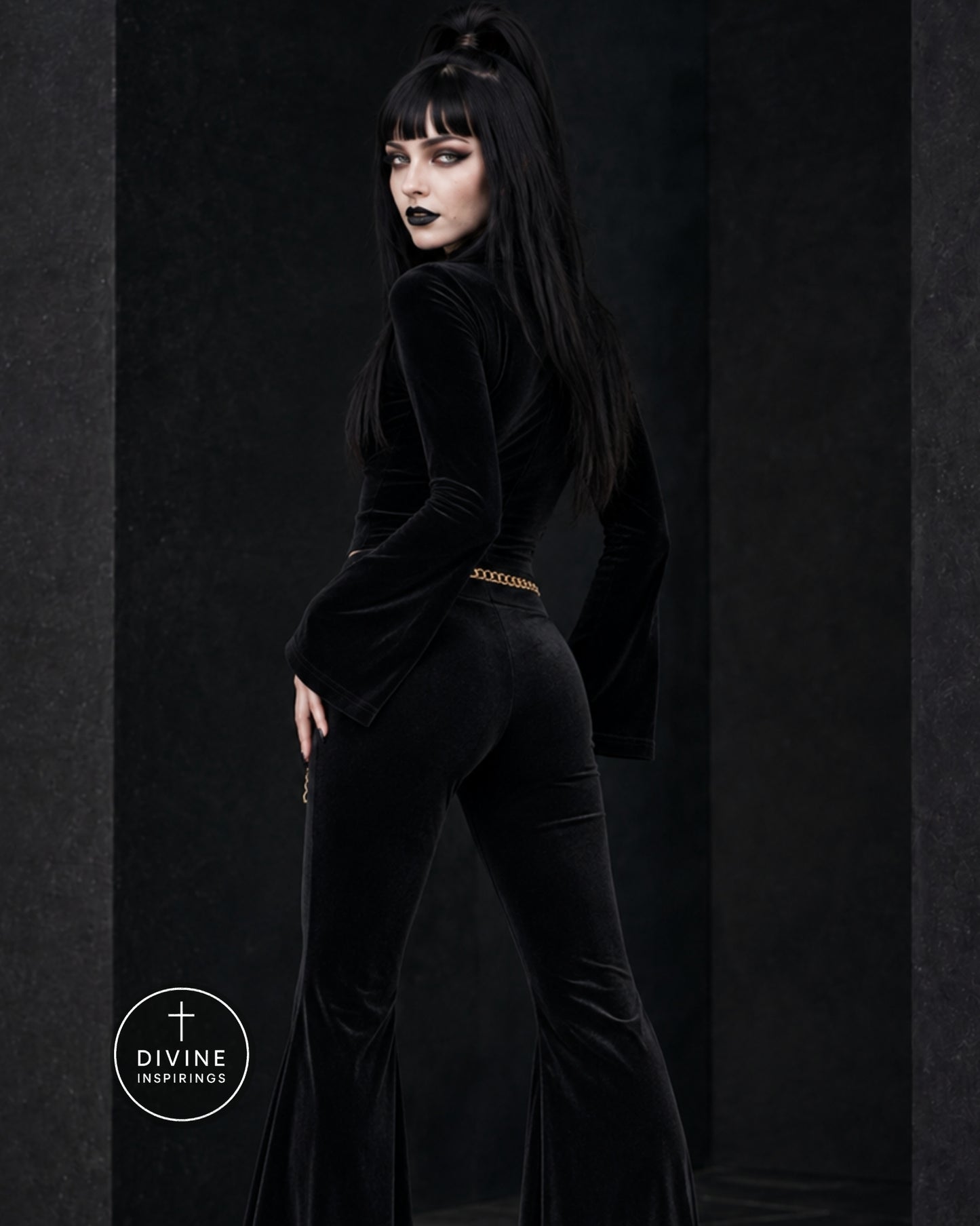 A model with long black hair and dark makeup poses in a black velvet jumpsuit with a gold chain detail at the waist, set against a dark textured studio background.