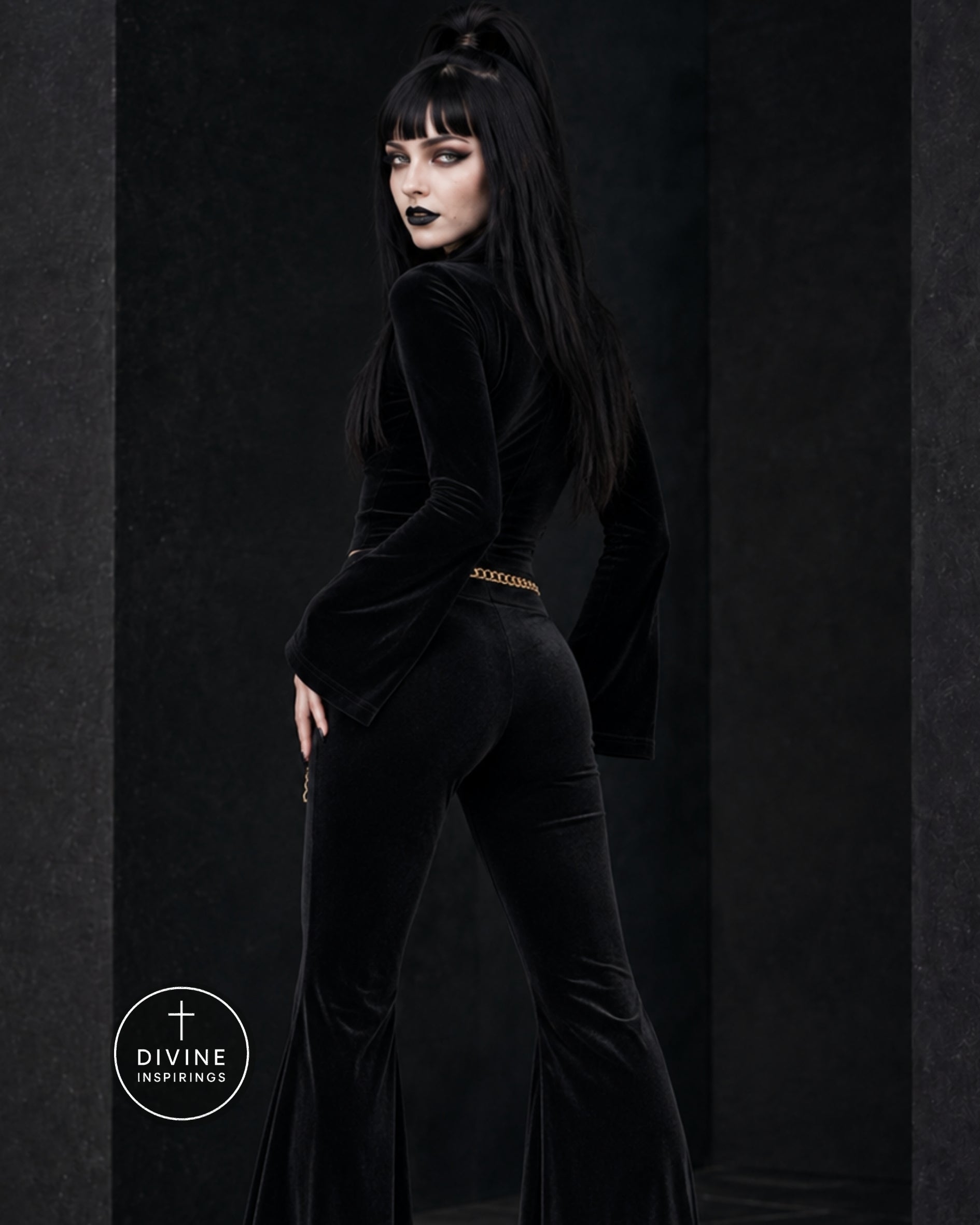 A model with long black hair and dark makeup poses in a black velvet jumpsuit with a gold chain detail at the waist, set against a dark textured studio background.