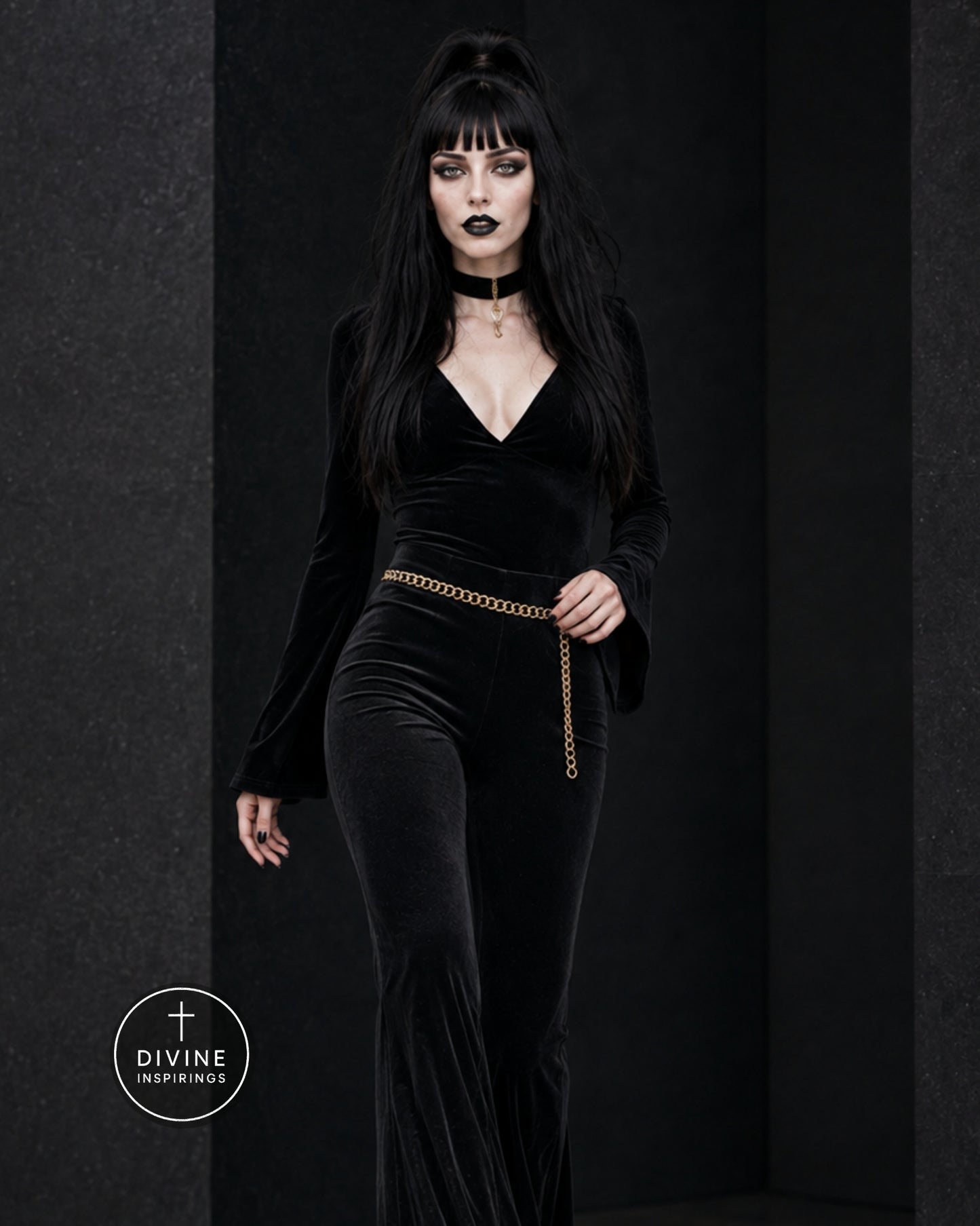 A gothic-style model with long black hair and a high ponytail wears a black velvet outfit and a gold chain belt. She is posed against a dark textured studio backdrop with a 'DIVINE INSPIRINGS' logo in the bottom-left corner.