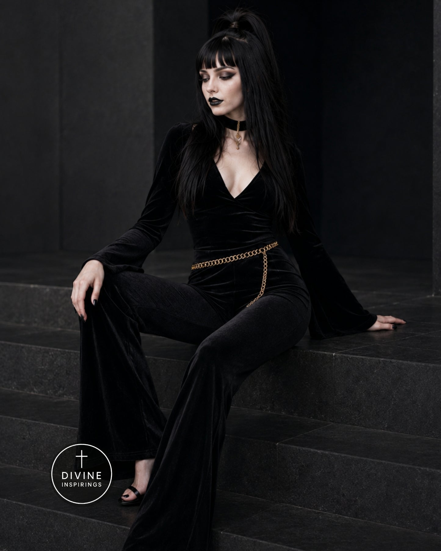 A model with long black hair and dark makeup sits on dark stone steps wearing a black velvet long-sleeve outfit with a gold chain belt detail. A circular 'DIVINE INSPIRINGS' logo is visible in the bottom-left corner.