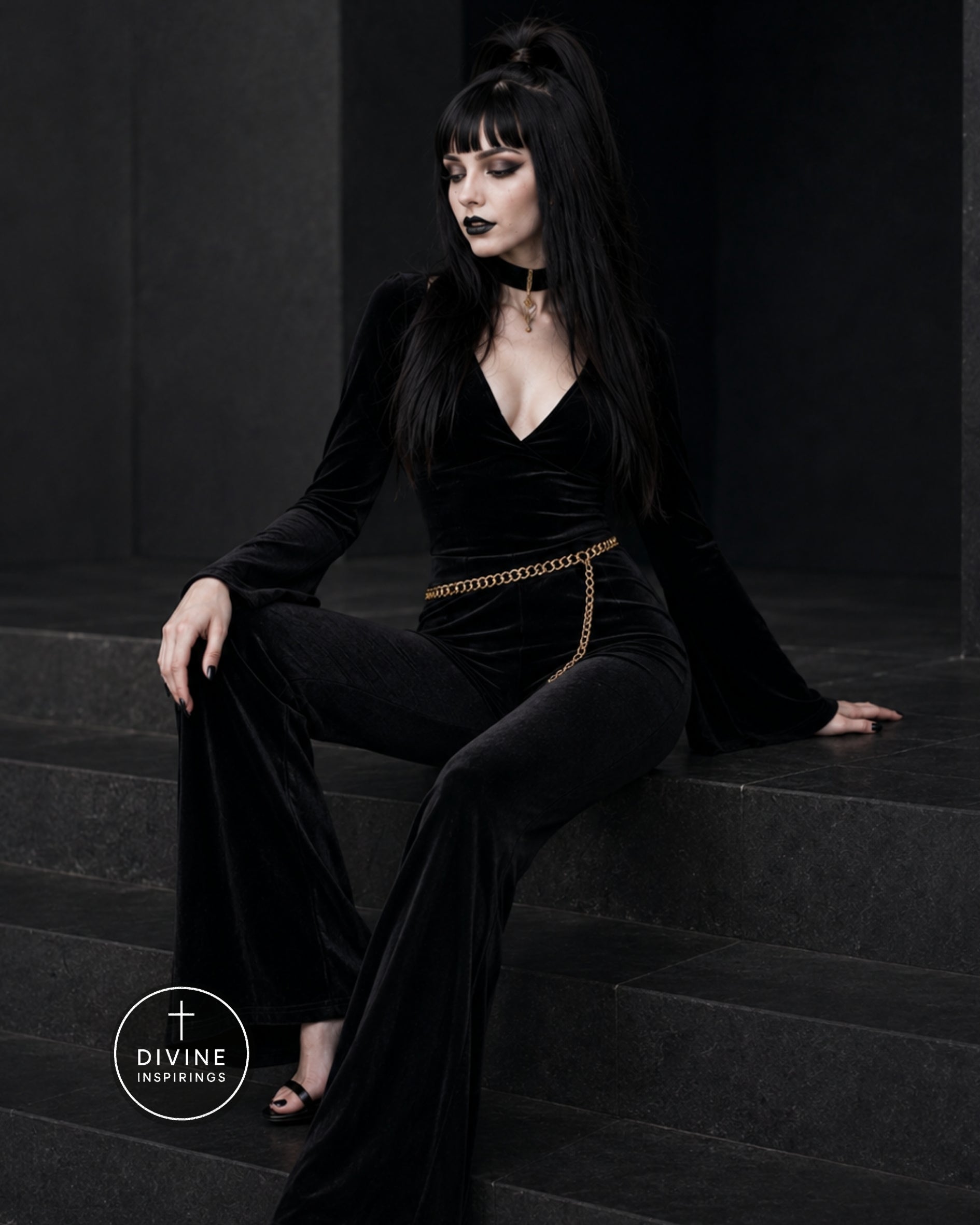 A model with long black hair and dark makeup sits on dark stone steps wearing a black velvet long-sleeve outfit with a gold chain belt detail. A circular 'DIVINE INSPIRINGS' logo is visible in the bottom-left corner.