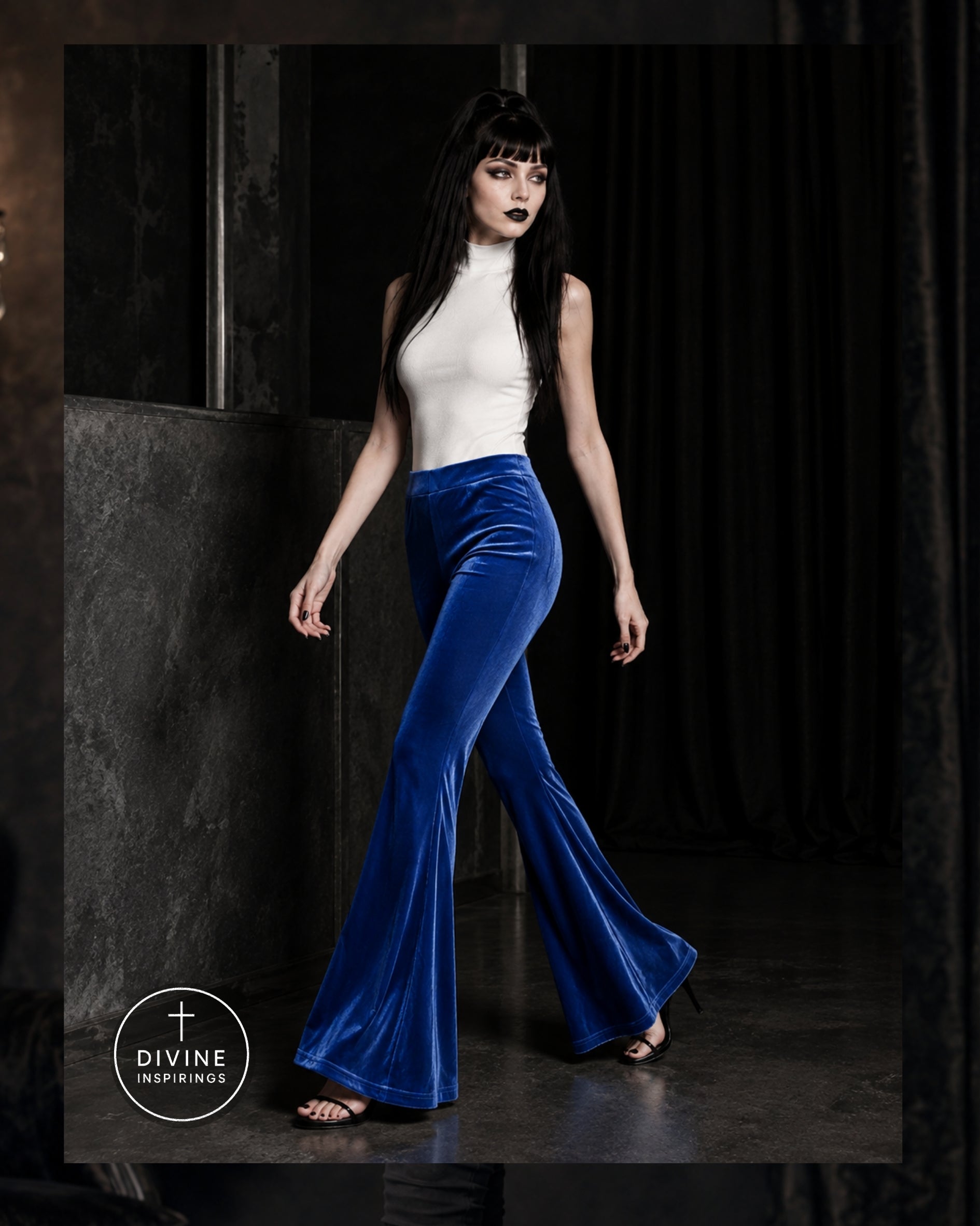 A model wearing a white sleeveless top and royal blue velvet flare pants walks in a dark studio setting. A circular 'DIVINE INSPIRINGS' logo is visible in the lower-left corner.