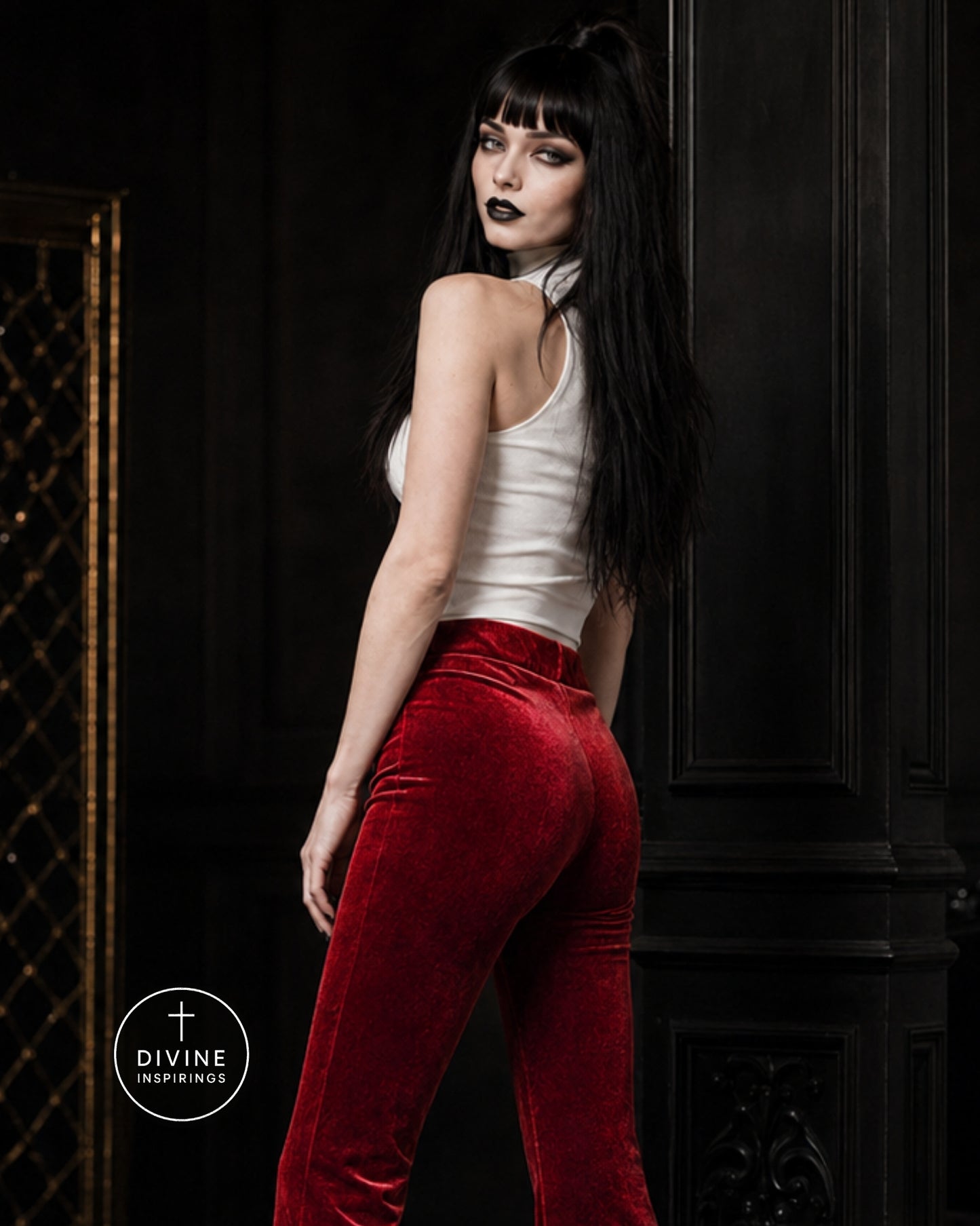 A woman with long black hair and dark makeup poses in a white ribbed tank top and high-waisted red velvet pants against a dark wood-paneled background. A circular 'DIVINE INSPIRINGS' logo is visible in the bottom-left corner.