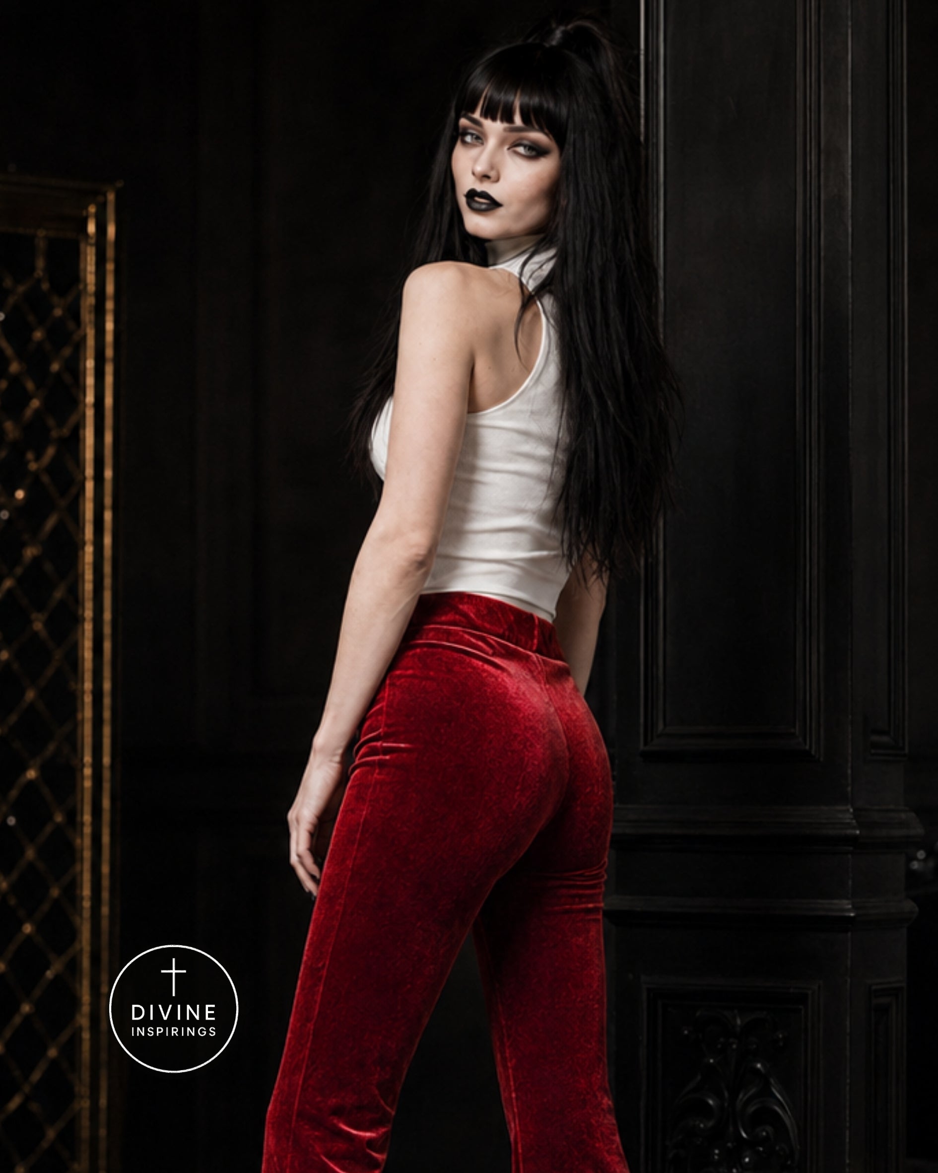 A woman with long black hair and dark makeup poses in a white ribbed tank top and high-waisted red velvet pants against a dark wood-paneled background. A circular 'DIVINE INSPIRINGS' logo is visible in the bottom-left corner.