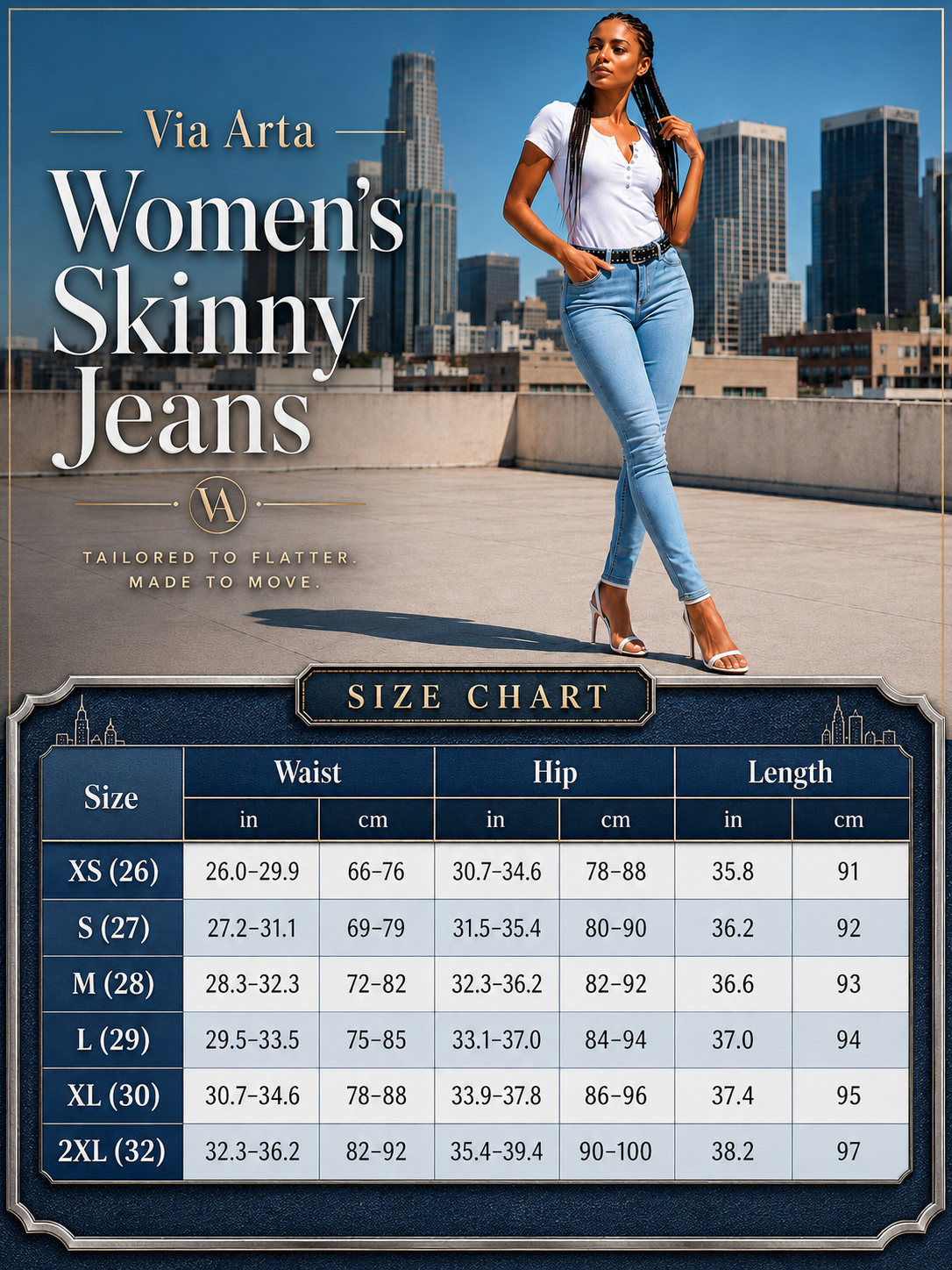 Promotional graphic for Via Arta Women's Skinny Jeans featuring a model wearing light blue skinny jeans against a city skyline background, with a large size chart table at the bottom showing measurements for sizes XS through 2XL.