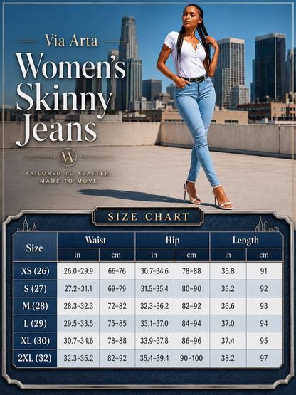 Promotional graphic for Via Arta Women's Skinny Jeans featuring a model wearing light blue skinny jeans against a city skyline background, with a large size chart table at the bottom showing measurements for sizes XS through 2XL.