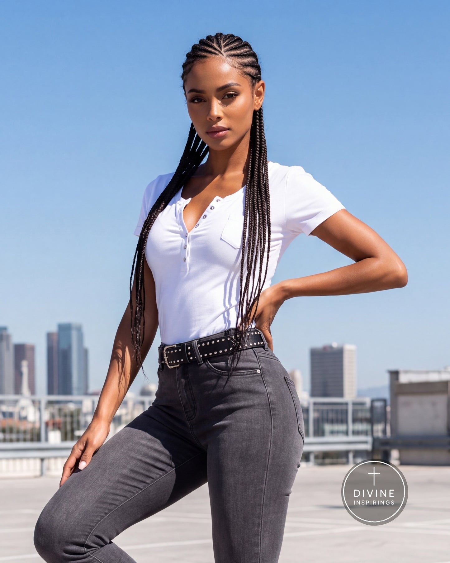 A woman with long black cornrow braids poses on a rooftop wearing a white henley shirt, dark gray jeans, and a black studded belt. The background shows a city skyline under a clear blue sky.