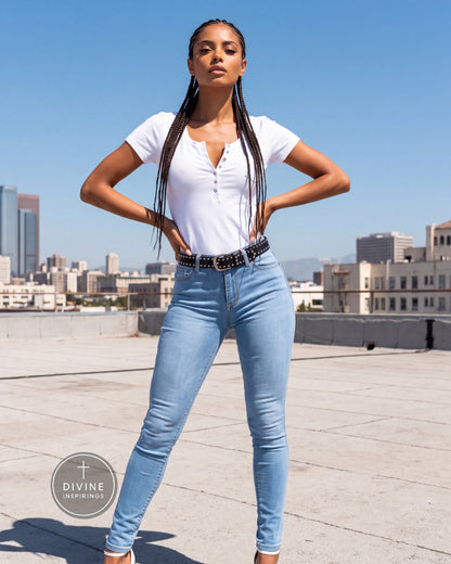A woman posing on a rooftop wearing a white henley top and light blue skinny jeans, with a black belt featuring silver studs. The background shows a city skyline under a clear blue sky.