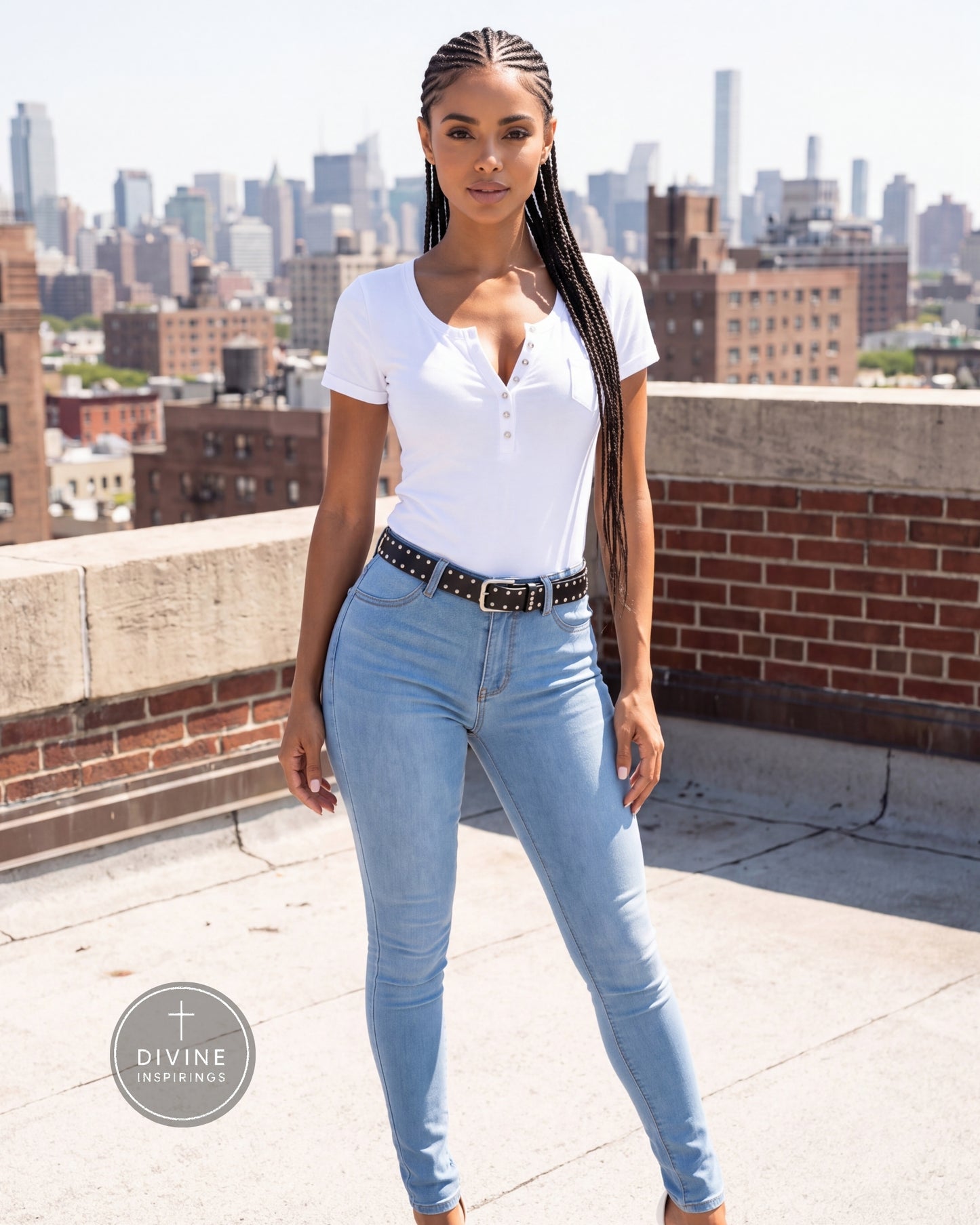 A woman stands on a rooftop wearing a white short-sleeve henley shirt and light blue skinny jeans with a black studded belt. The background shows a city skyline under a bright sky.