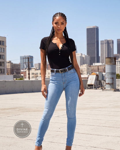 A woman stands on a rooftop wearing a black short-sleeve henley top and light-wash blue skinny jeans with a black studded belt. The city skyline is visible in the background under a clear blue sky.