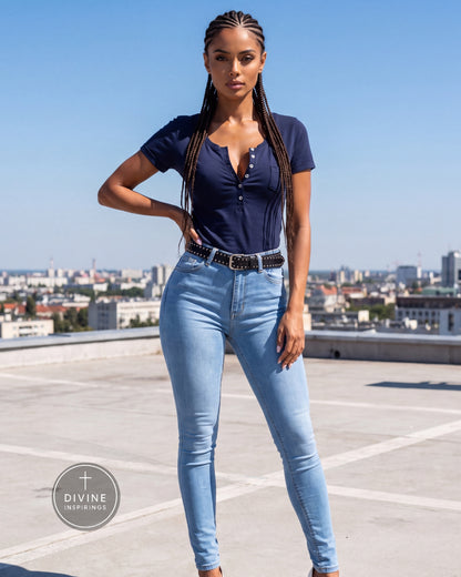 A woman stands on a rooftop wearing a navy blue henley t-shirt and light blue skinny jeans, with a black belt. The background shows a city skyline under a clear blue sky.