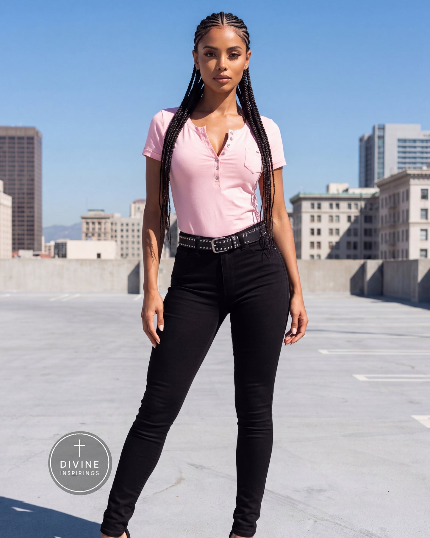 A woman stands on a rooftop wearing a light pink short-sleeve henley-style top and black skinny jeans with a black belt. The background shows a city skyline under a clear blue sky.