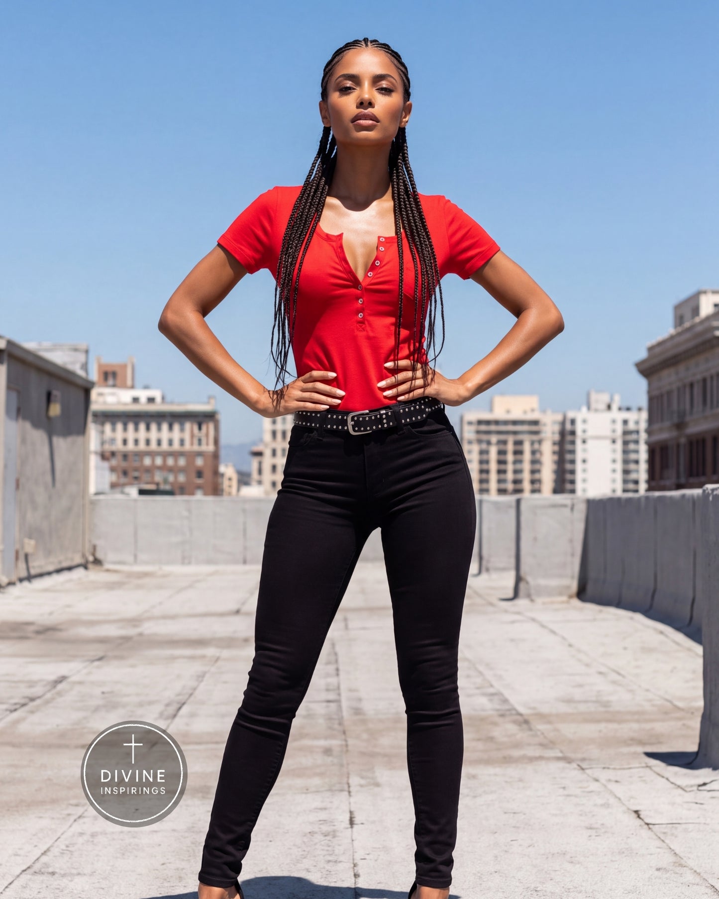A woman stands on a rooftop wearing a bright red short-sleeve button-front top and black skinny pants, with city buildings and a blue sky in the background. A circular Divine Inspirings logo appears in the lower left corner.
