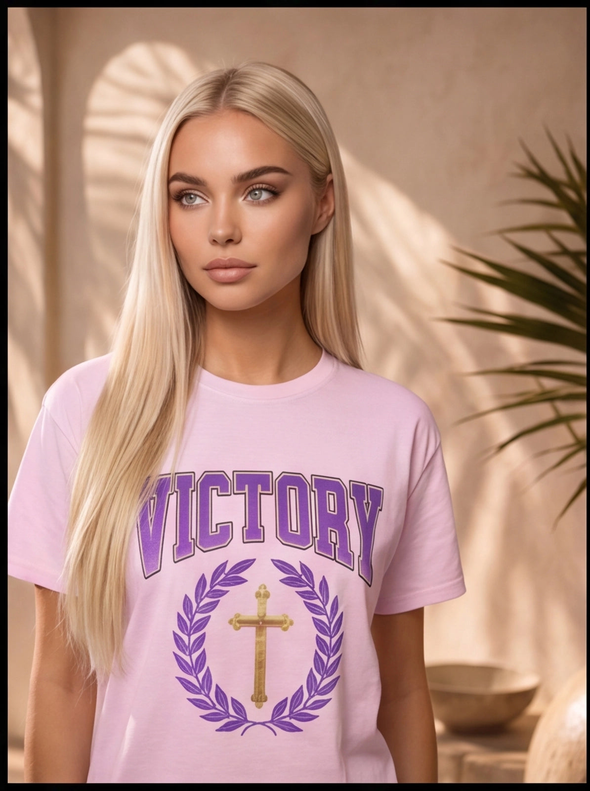 Woman wearing a pink t-shirt with 'VICTORY' and a cross design.