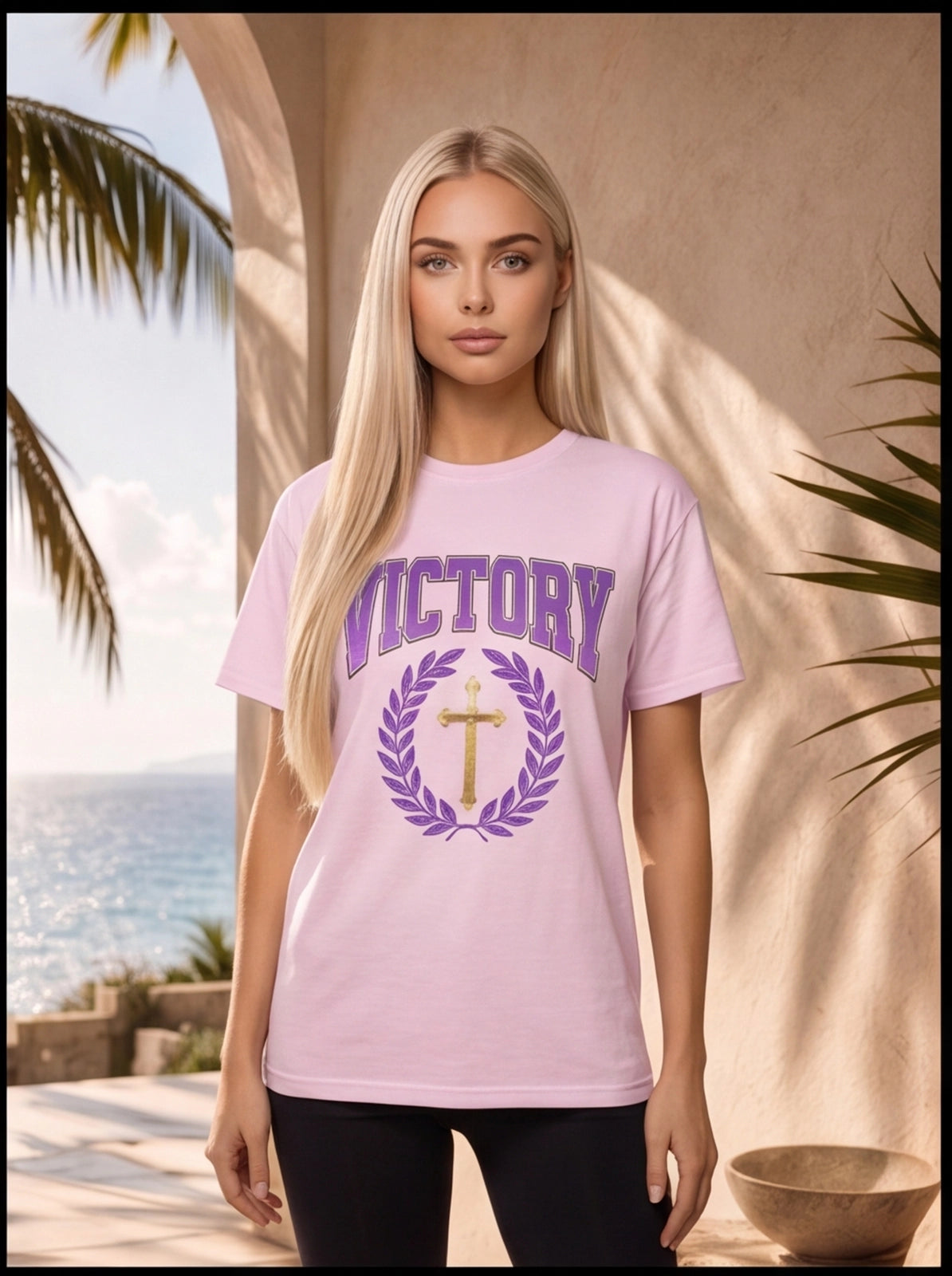 Woman wearing a pink t-shirt with 'VICTORY' and a cross design, standing outdoors with palm trees and ocean in the background.
